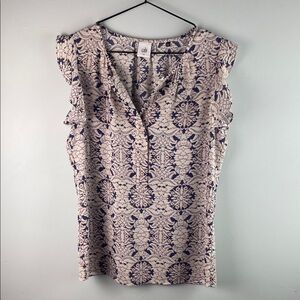 CAbi #3074 Cream and Navy Printed Ruffle-Sleeve V-Neck Top Size S